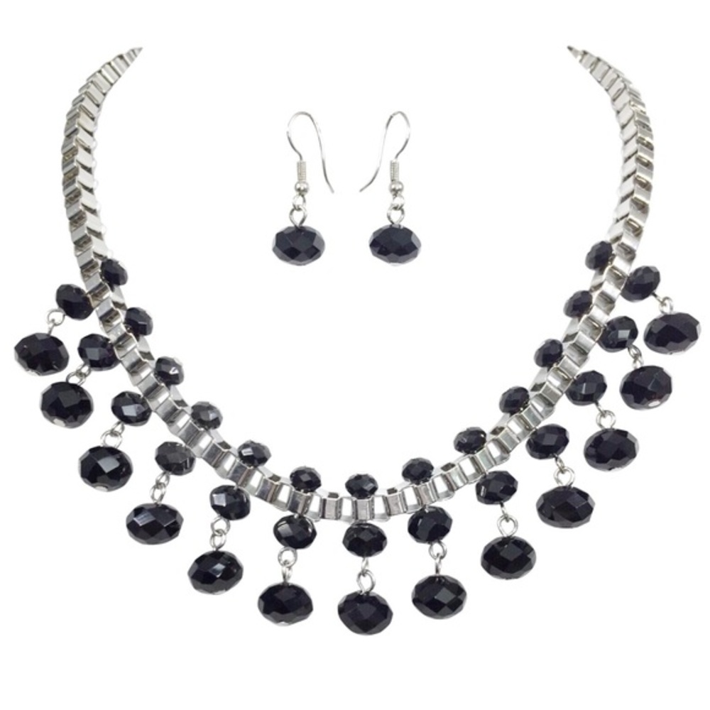 Black Glass Drop Box Chain Necklace Earrings Set